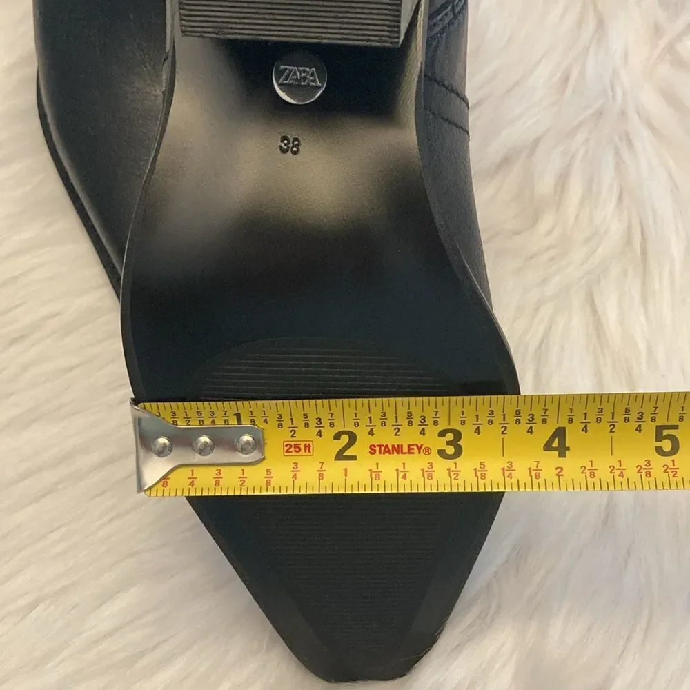 Zara Black Leather Strap Cowboy Comfortable Block Heel Ankle Boots